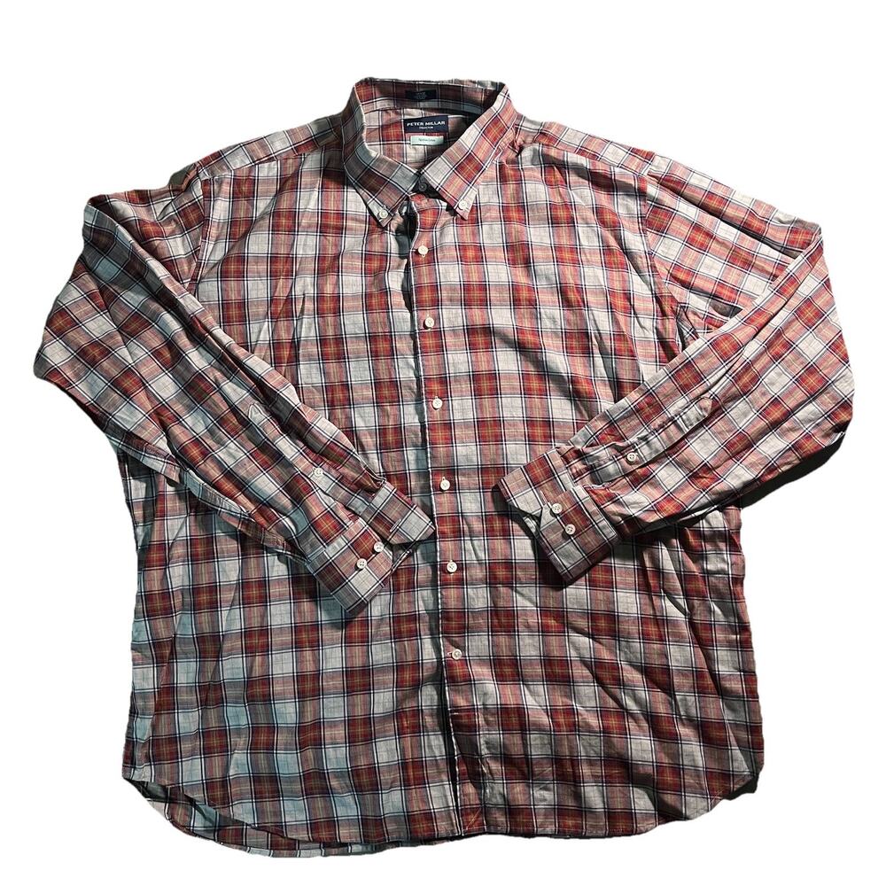 Peter Millar Men's Red Checkered Pattern Long Sleeve Egyptian Cotton 2XL XXL